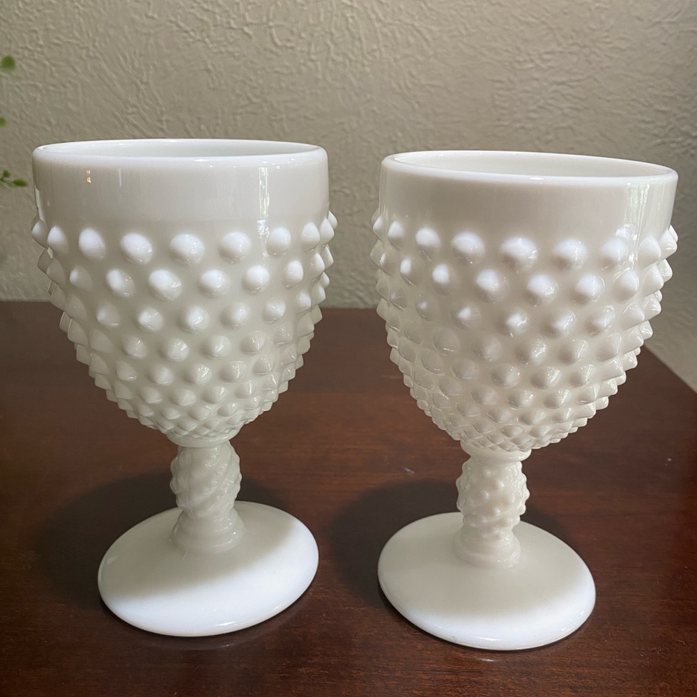 Vintage, Set of 2, Fenton Hobnail Milk Glass Goblets